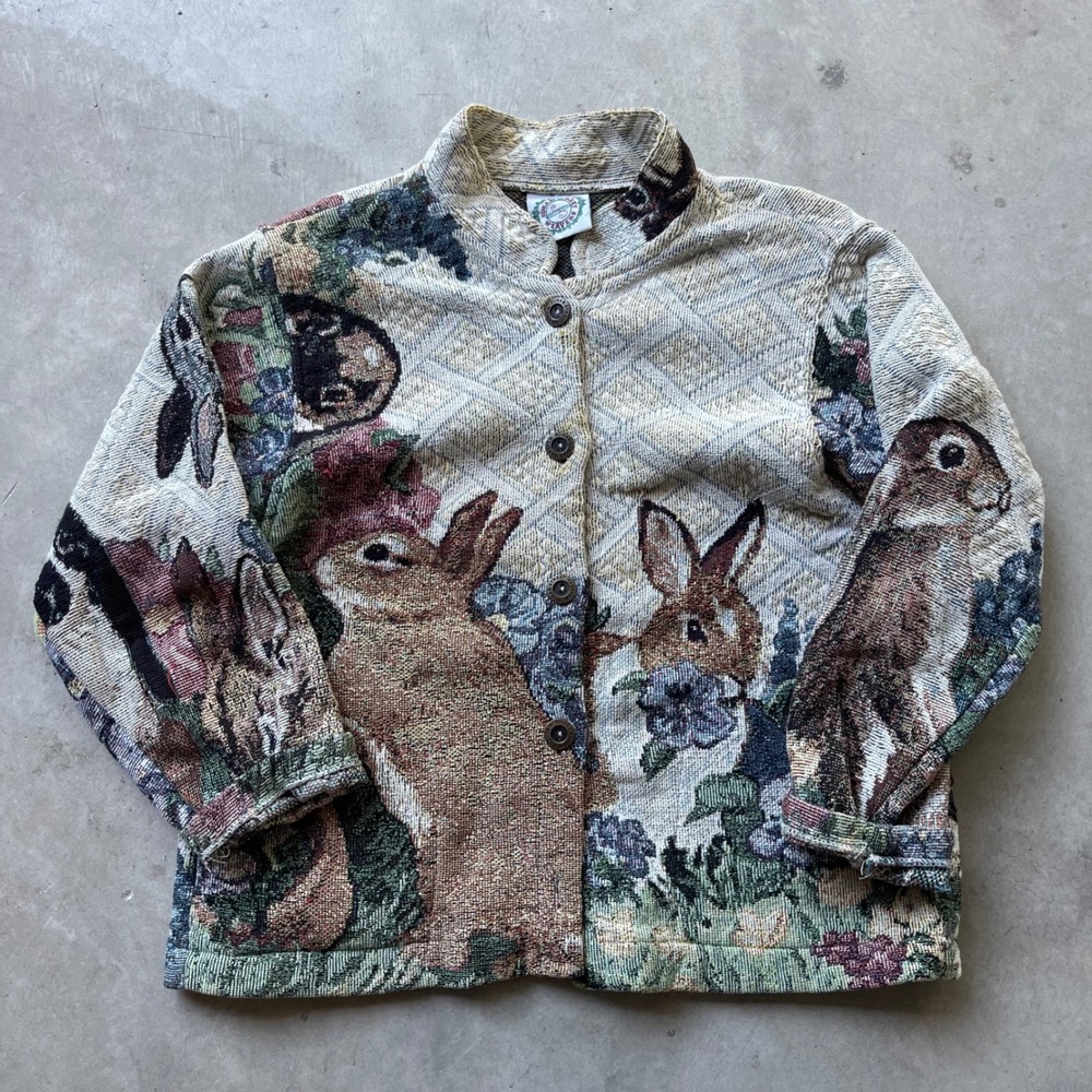Vintage Sugar Street Weavers Tapestry Jacket Rabbit Floral Woven Cardigan Multi
